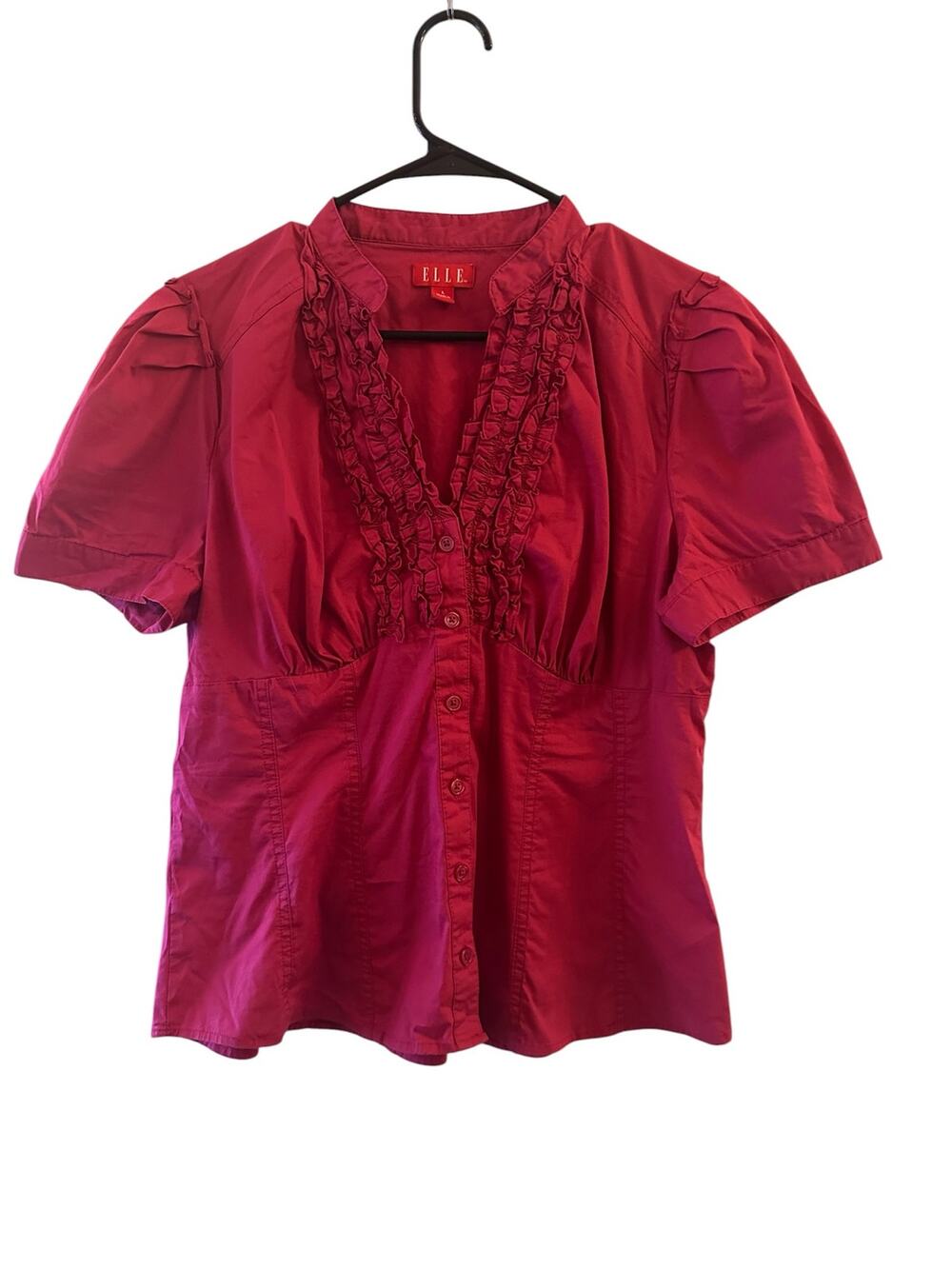 ELLE Fuchsia Pink Ruffle Short Sleeve Button Down Shirt Women Sz L